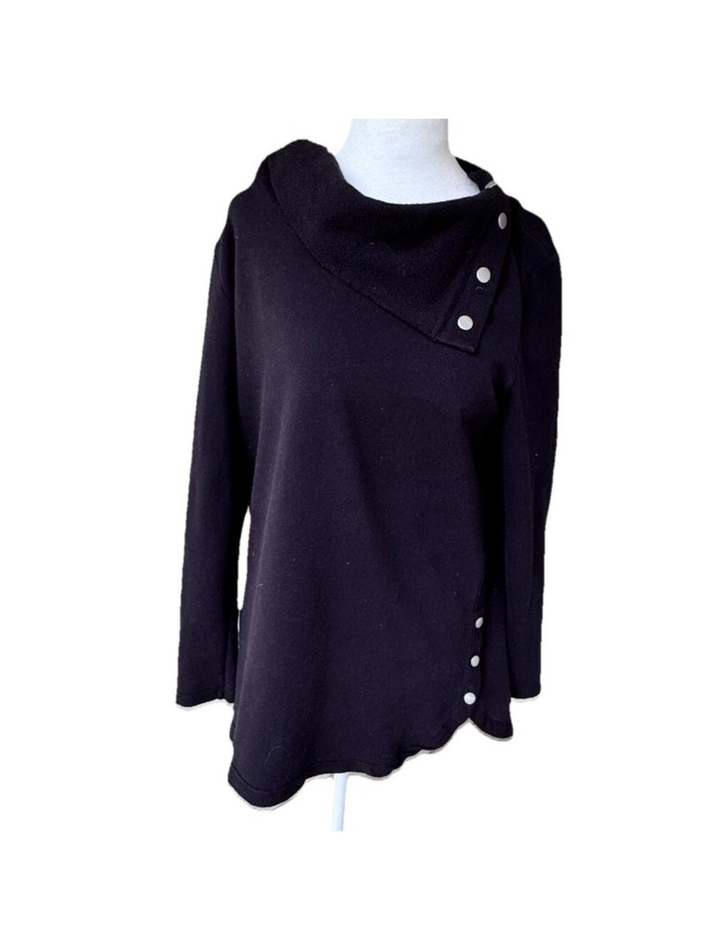 New Directions Women Medium Black Snap Button Sweatshirt Convertible Neck